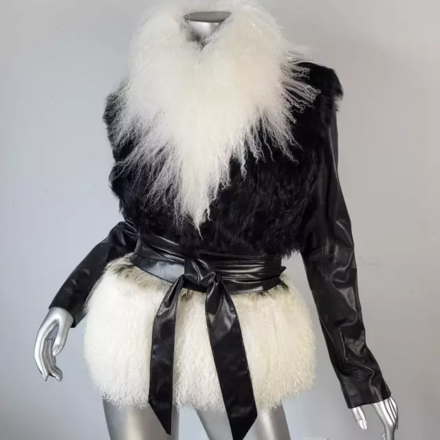 Nwt~$1695~Ashley B~Sz S~Genuine Black Leather Real Mongolian Curly Lamb Fur Coat