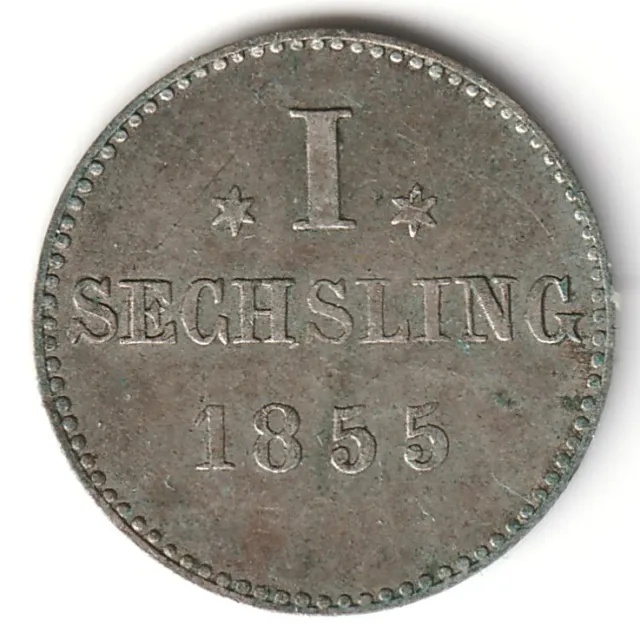 1855 German States Hamburg Sechsling (6 Pfennig) Silver Small Nice Free Shipping