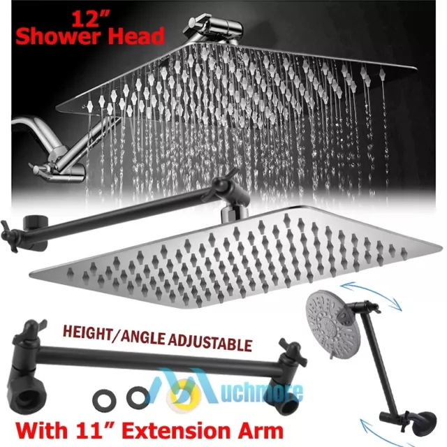 12" Stainless Steel Rainfall Shower Head Ultrathin High Pressure + Extension Arm