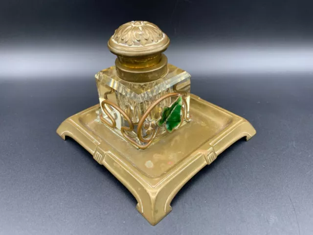 Art Nouveau French Bronze Brass Green Enamel Leaf Cut Faceted Glass Inkwell