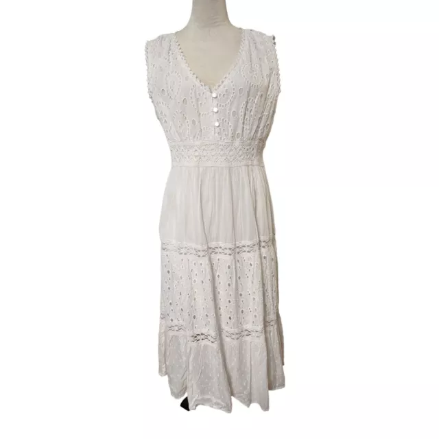 NWT Women's White Boho Flowy Cotton Crochet V-Neck Sleeveless Maxi Dress Size 2X