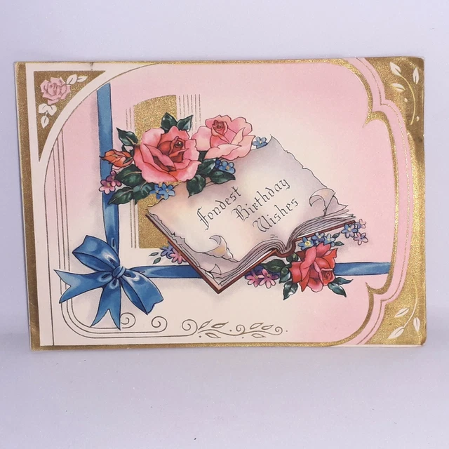 Vintage Deadstock 30s 40s Fondest Birthday Wishes Greetings Card Gilt Printed