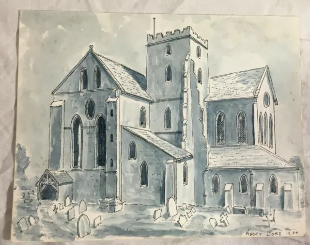 Dore Abbey Hereford Blue Grey Water Colour pencil original Painting art picture