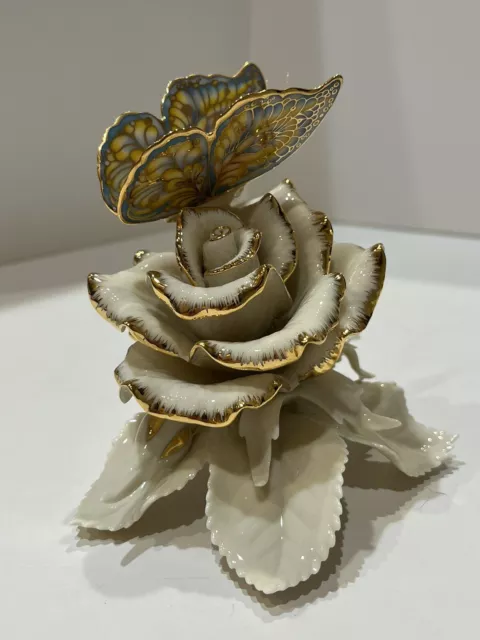 Lenox Blue Elegance Butterfly On The Rose Sculpture/Figurine Gold/Ivory Mint