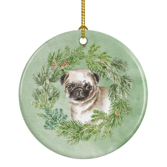 Pug Puppy Fawn Christmas Wreath Ceramic Ornament CK8865CO1