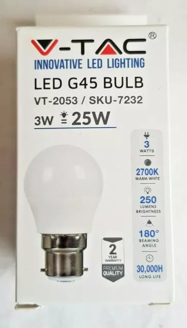 2 x 3W 25W LED G45 Bulb, V-TAC, Golf Ball Mini, Warm White 2700K, SKU 7232 B22