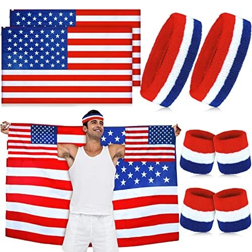 8 Pieces American Flag Costume Cape Cloak Sweatbands July 4th Headband Set, 2