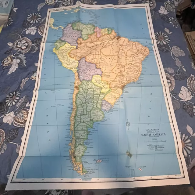 Vintage 42”x29” Colorprint South America Map #9565