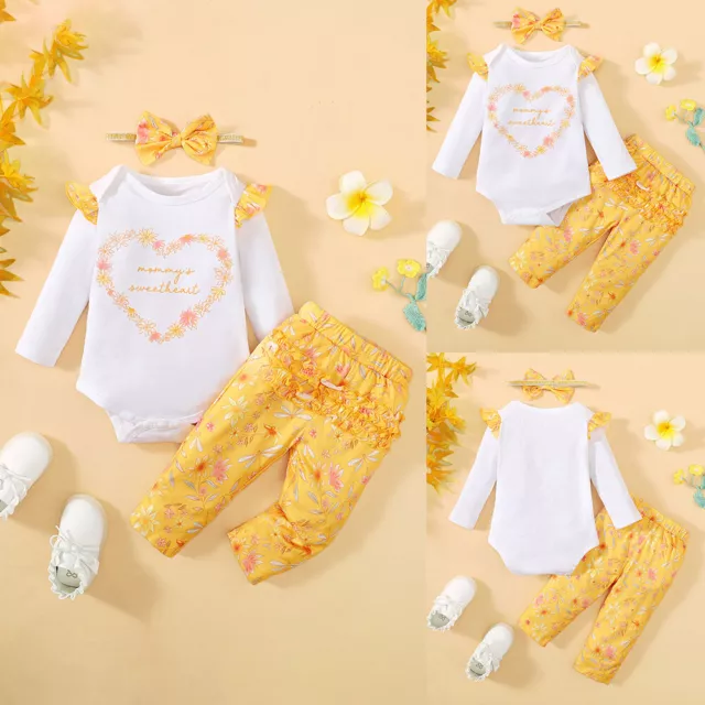 Newborn Baby Girl Romper Top Pant Headband Set Autumn Long Sleeve Clothes Outfit