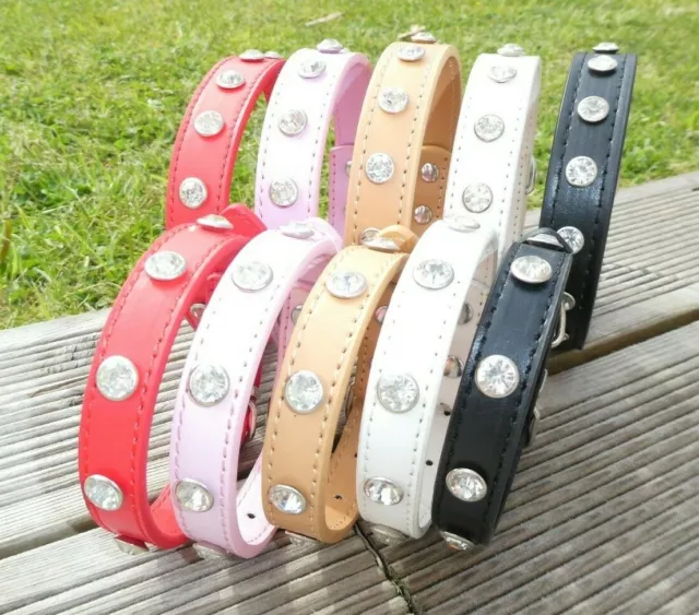 Dog Collar Diamante Stud Puppy PU Leather XS Small Medium Black Red Pink Brown