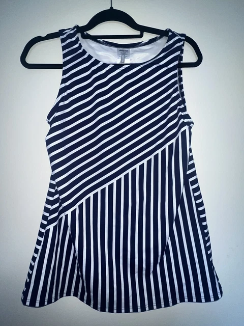 Lands End Tankini Top Swim Tank Navy Blue White Striped Asymmetrical Size 14L