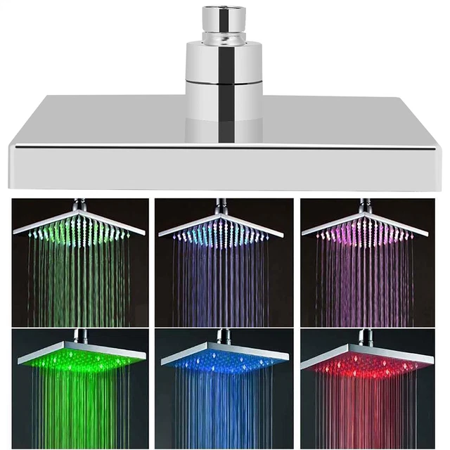 8& INCH SQUARE Chrome Face Rainfall LED Shower Head 7 Colors Changing ...