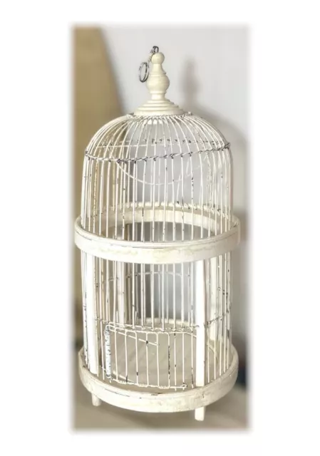 Vintage Decorative Dome Bird Cage Distressed White Painted Wood & Wire 21" x 9"