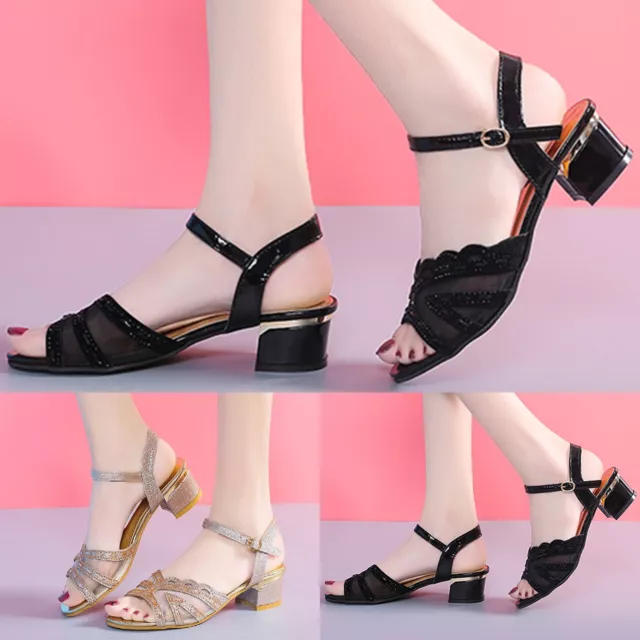Women Mid Block Heel Ankle Strap Rhinestone Sandals Summer Party Shoes Comfort 2