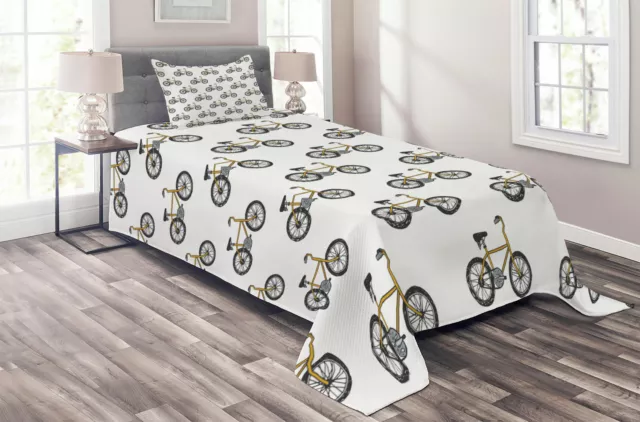 Cartoon Quilted Coverlet & Pillow Shams Set, Yellow Bicycle Pattern Print