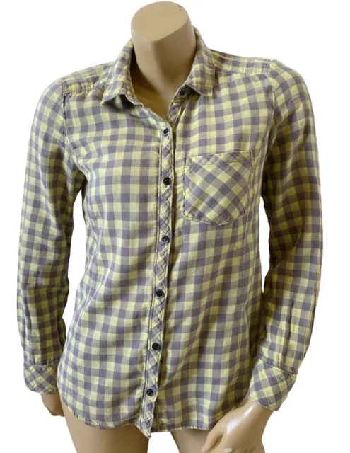 CASLON Womens Size Small Yellow Gray Plaid Long Sleeve Button Up Collared Shirt