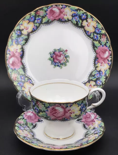 Paragon Gingham Rose Double Warrant Trio Dessert Plate Cup & Saucer 3 PC Set