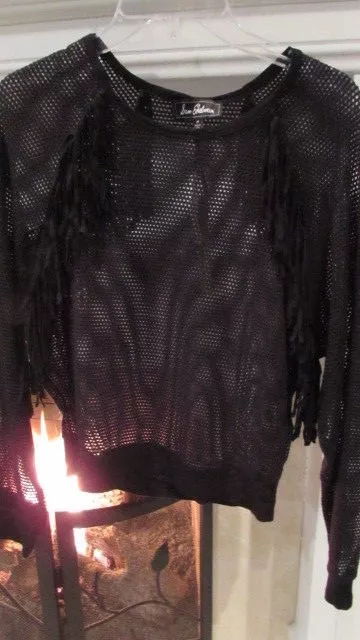 Sam Edelman Black Fringed Mesh Blouse Sz M Retail $99.00 3