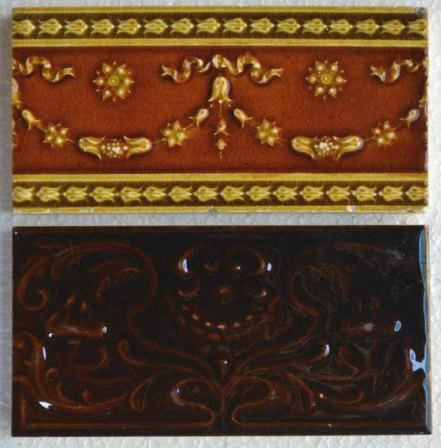 European - 2 Antique Art Nouveau Majolica Border Tiles C1900