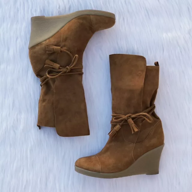 YSL Saint Laurent tan suede mid-calf wedge boots size IT 36 US 6