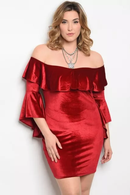 Womens Plus Size Red Velvet Dress 2X Cold Shoulder Bodycon Bell Sleeve