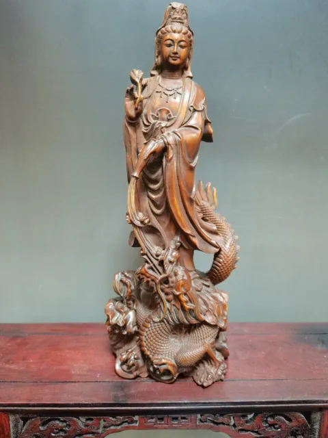 Chinese Antique Boxwood Carved Dragon Kwan Yin Statue Home Decor Sculpture Art