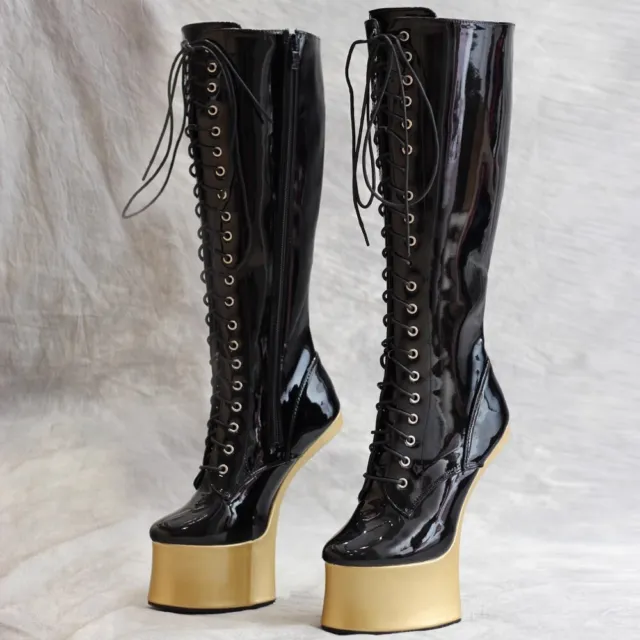 18cm Womnes High Heel Wedges Heelless Platform Lace Up Knee High Boots Clubwear