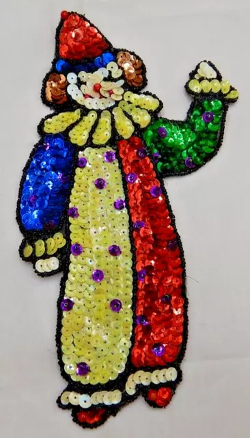 VTG CREEPY Face Standing Clown Mardi Gras Sequin Beaded 9 1/4"  Applique Patch