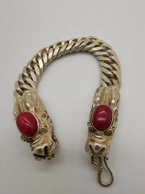 Old Chinese tibet silver inlay red gem handmade Double Dragon head bracelet 6901