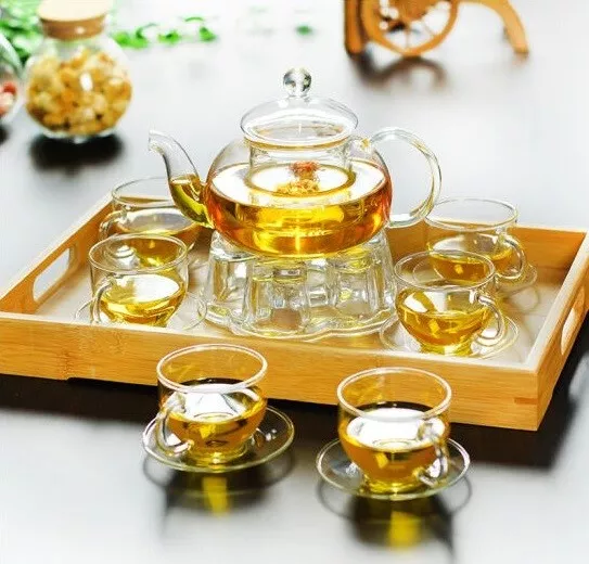8 Pieces Glass Tea Set 600ml Glass Teapot With Infuser + Teapot Warmer + 6 Cups