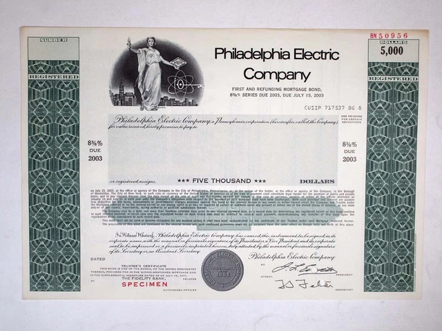 PA. Philadelphia Electic Co., 1980s. $5000 Registered 8 5/8% Specimen Bond, XF
