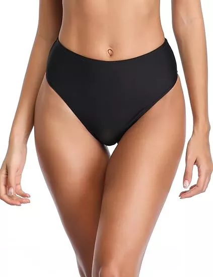 Relleciga Women's Bikini Bottom Size Large High Cut High Waist Cheeky Black NEW