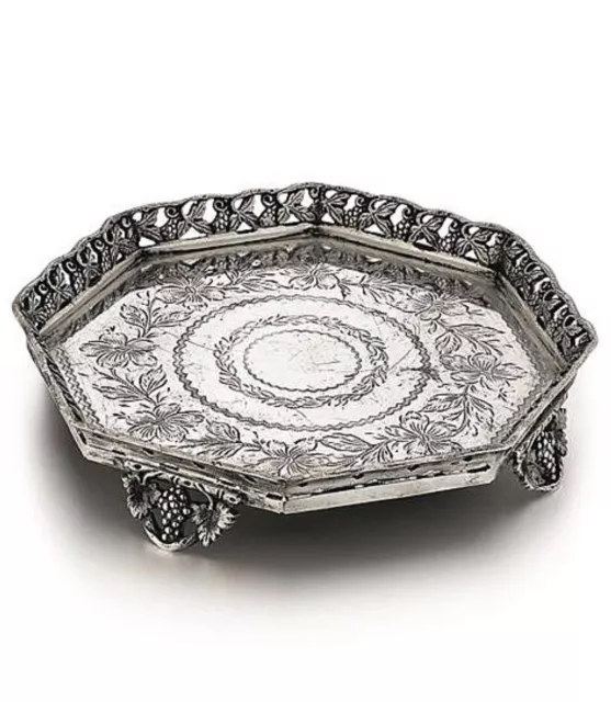 Portuguese Silver Footed Salver Handcrafted Antique 378g HEAVY Pierced Border
