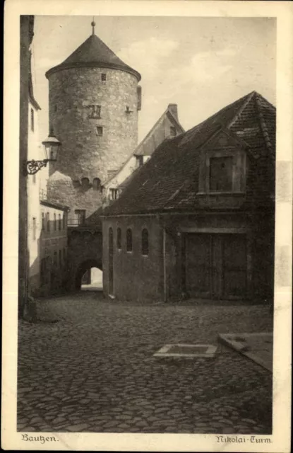 Bautzen alte Postkarte Sachsen AK 1910 Straßenpartie am Nikolai Turm ungelaufen