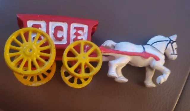 Antique Cast Iron Red Ice Wagon White Horse Drawn Cart Carriage Toy