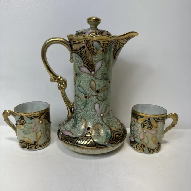 Antique Nippon Hand Painted Beaded Gold And Green Floral Pitcher And Tea Cup Set