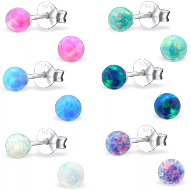 925 Sterling Silver 4mm Lab Created Opal Round Ball Stud Earrings Gift Bag UK