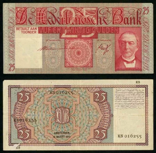 Nice 1941 Netherlands 25 Gulden Banknote Pick Number 50 Good Very Fine or Better