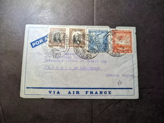 1934 Chile Airmail Cover Santiago to Berkeley CA USA via Air France