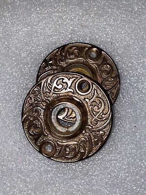 Antique Pair Of  Fancy Ornate Victorian Bronze Doorknob Rosettes