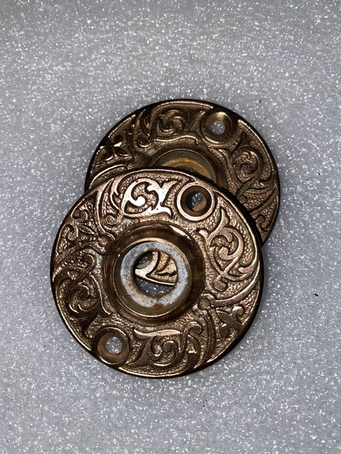 Antique Pair Of  Fancy Ornate Victorian Bronze Doorknob Rosettes