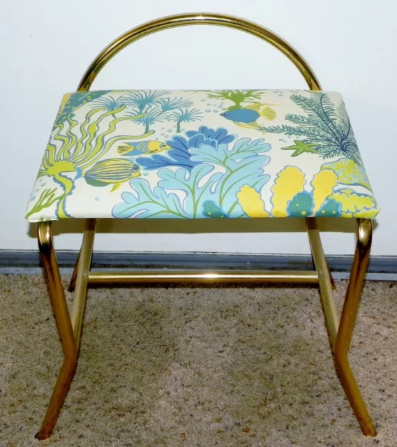 Vintage Brass Vanity Seat Chair Bench Blue Yellow Nautical Brass Flare Legs