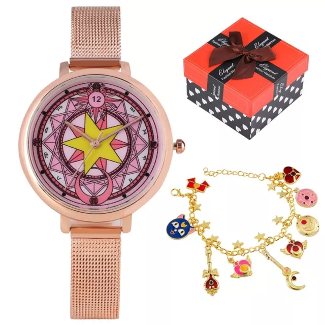 Chic Leather/Steel Strap Sailor Moon Women Lady Quartz Analog Watches Gift Set