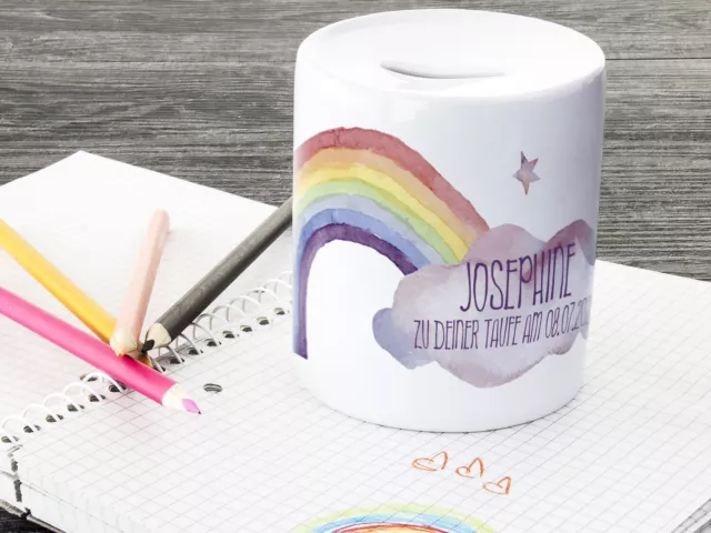 Spardose personalisiert Geschenk zur Taufe Name Regenbogen Mädchen Patengeschenk