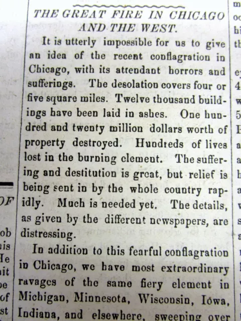 1871 newspaper THE GREAT CHICAGO FIRE & PESHTIGO Wisconsin WORST US FOREST FIRE