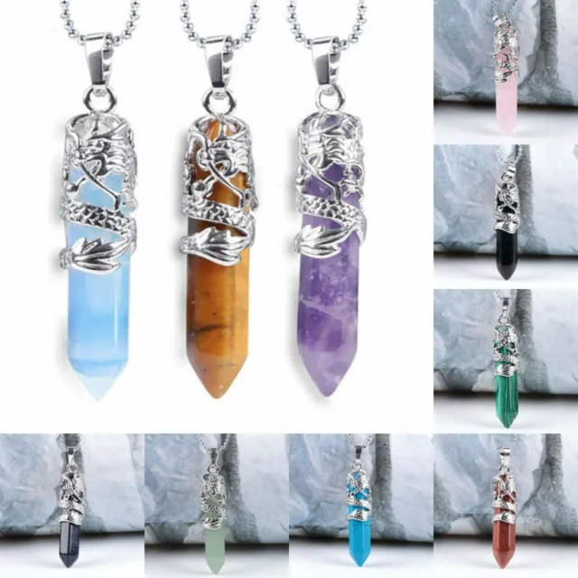 Hexagonal Natural Quartz Crystal Chakra Healing Alloy Pendant Chain Necklace HU