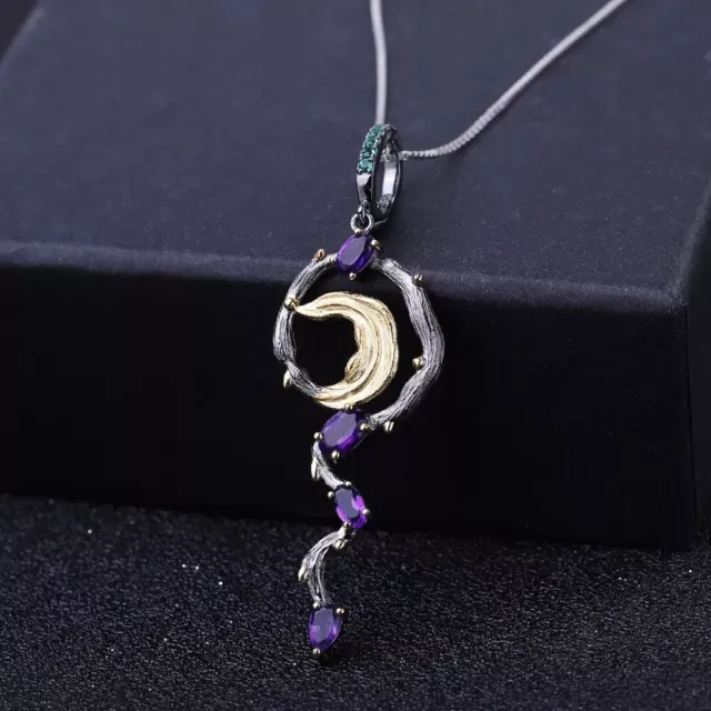 Natural Amethyst Gemstone 925 Sterling Silver Handmade Moon Pendant Necklace