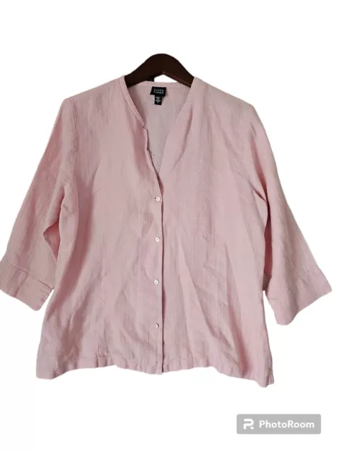 EILEEN FISHER Top L Linen Boxy Button Front Long Sleeve Pink Tunic Shirt VTG