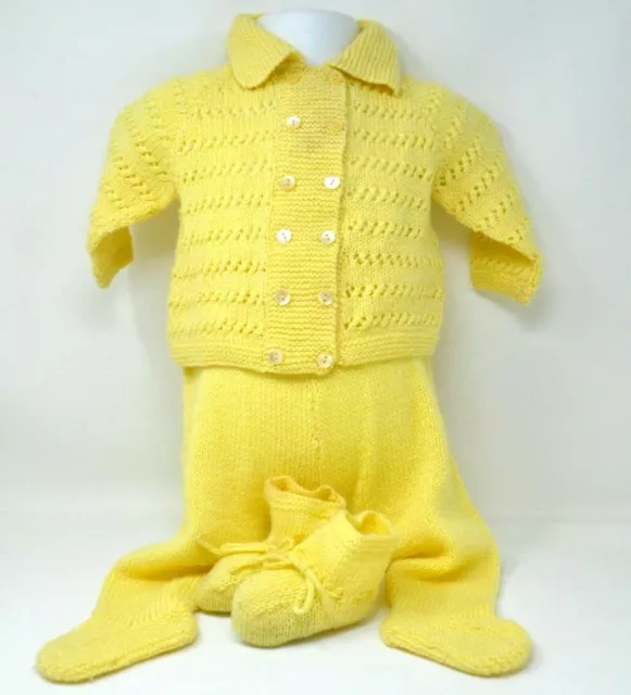 Vintage HANDMADE Baby Boy Girl 4 Pc Outfit Knitted Crochet Sweater Pants Booties