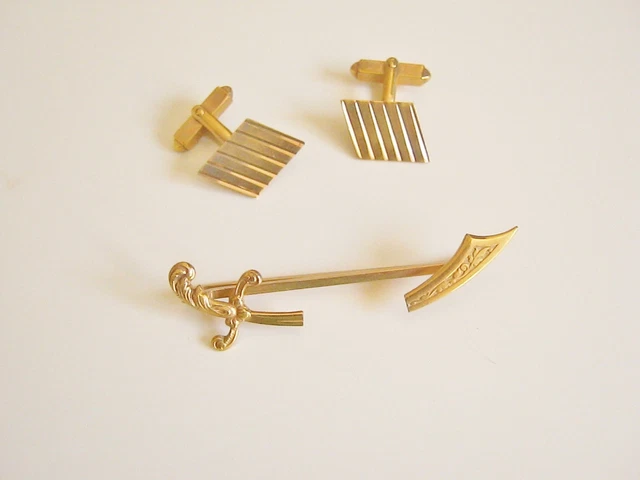 Coffret Vintage Boutons De Manchettes & Pince Cravate En Métal - Ancien, Très Bon état
